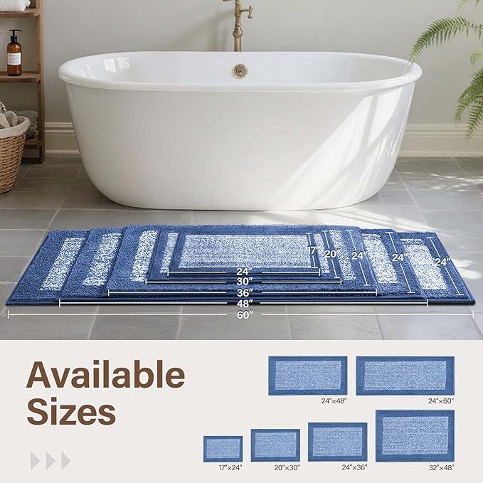 48x24 Long Bathroom Rugs Washable Non Slip, Blue Bath Mat for Bathroom Floor Tub, Soft Absorbent Quick Dry Mats for Shower,Bathtub,Home Decor