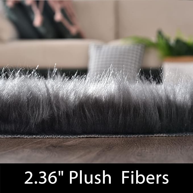 Latepis Dark Grey Round Rugs 5ft Faux Sheepskin Fur Rug for Bedroom Plush Fluffy Rug for Living Room Dorm Entertainment Room Luxury Home Decor