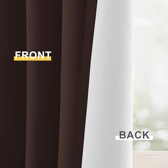 Yakamok 100% Blackout Curtain Panels 84 inches Cold and Light Blocking Drapes for Nursery, 2 Thick Layers Thermal Insulated Draperies (2 Pieces, 50 Wide Each Panel, Brown/White Backing)