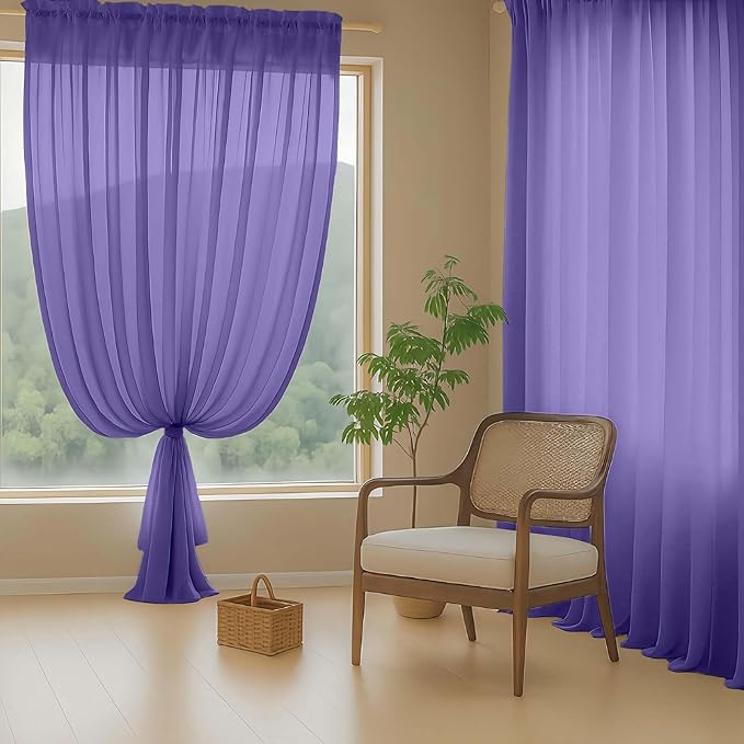 Purple Sheer Curtains 90 Inches Long 2 Panels, Light Filtering Solid Sheer Curtains for Bedroom Living Room, Lightweight Soft Airy Window Voile Sheer Drapes, Dual Rod Pocket, 2x42Wx90L Inches