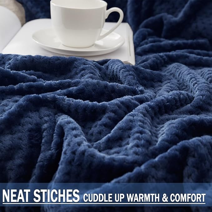 Exclusivo Mezcla Fleece Bed Blanket King Size, Super Soft and Warm Blankets for Couch, Sofa and Bed Waffle Textured, Cozy, Fuzzy and Lightweight (Navy Blue, 90x104 Inches)