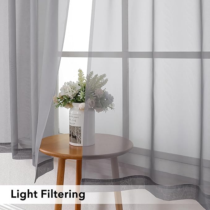 Simplebrand Rod Pocket Top Solid Voile Sheer Curtains for Bedroom, 54 Inch Length Drapes Set of 2, Lightweight and Light Filtering Elegant Ivory Curtains Panels Window Treatment, 42W×54L, Grey