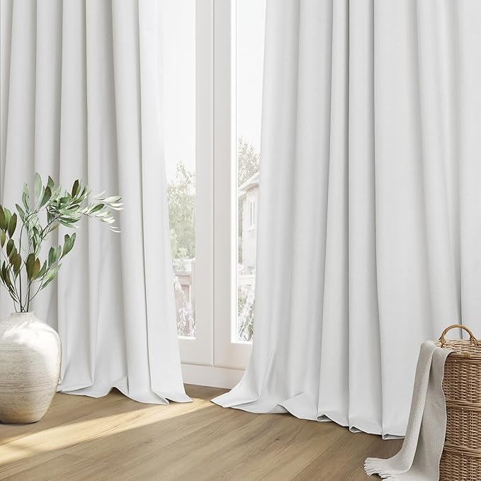 Guken White 100% Blackout Linen Curtains 40 Inch Wide by 96 Inch 2 Panels Set for Living Room Bedroom Back Tab Thermal Insulated Black Out Drapes Room Darkening Window Curtains