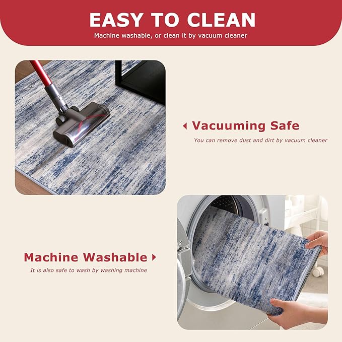 KOZYFLY Modern Abstract Washable Rug Runner 2x7 Hallway Runner Rug Non-Slip Soft Kitchen Runner Rugs, Print Grey-Blue Striped Carpet Runner for Entryway Bathroom Laundry Room Foyer