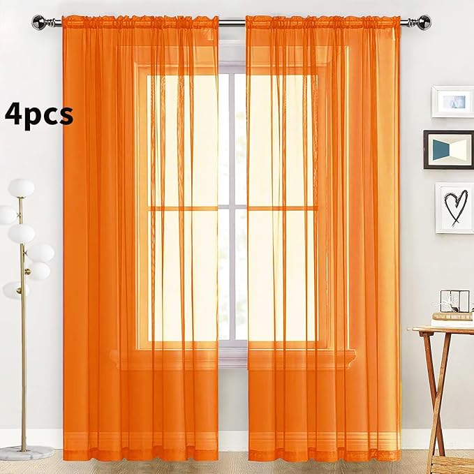 SpaceDresser Orange Sheer Curtains 4 Panels Rod Pocket Semi-Sheer Curtain 72 Inches Long Light Filtering Voile Window Drapes for Bedroom Living Room Kitchen, Each 52W x 72L