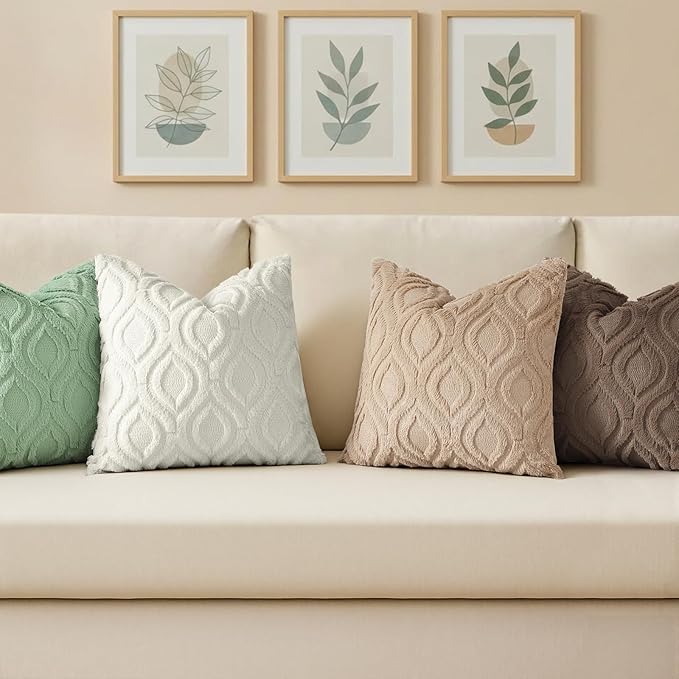 decorUhome Throw Pillow Covers 18x18 Inch Set of 2, Soft Plush Faux Wool Light Khaki Solid Couch Pillow Covers, Accent Farmhouse Neutral Square Pillow Cases for Sofa Bed Living Room