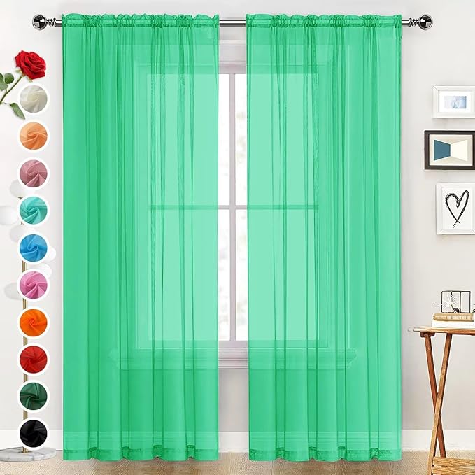 SpaceDresser Basic Rod Pocket Sheer Voile Window Curtain Panels Grass Green 1 Pair 2 Panels 52 Width 96 Inch Long for Kitchen Bedroom Children Living Room Yard（Grass Green, 52W x 96L）