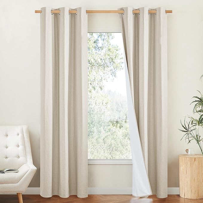 NICETOWN 100% Blackout Linen Texture Curtains 90 inches Long, Beige, 2 Panels, Thermal Insulated Full Blackout 2-Layer Lined Drapes, Energy Efficiency Window Draperies for Boy's Room