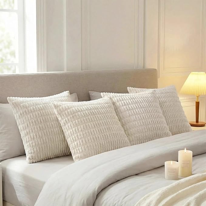 Fancy Homi 4 Packs Boho Cream Decorative Throw Pillow Covers 18x18 Inch for Living Room Couch Bed Sofa, Rustic Modern Farmhouse Home Decor, Soft Plush Corduroy Cute Square Beige Cushion Case 45x45 cm