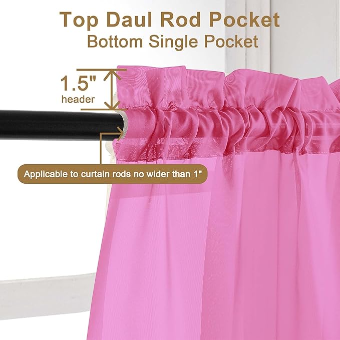 Chyhomenyc Sheer Curtains 36 inch Length 2 Panels Set, Light Filtering Voile Rod Pocket Short Window Curtians for Bathroom Living Room Farmhouse Small Windows, Each 42Wx36L in, 2PCS, Hot Pink
