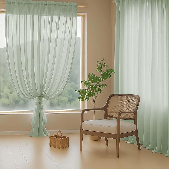 Sage Green Sheer Curtains for Window 96 Inches Long 2 Panels, Soft Airy Light Filtering Voile Sheer Curtains for Living Room Bedroom, Dual Rod Pocket Elegant Window Drapes, 2x42Wx96L Inches