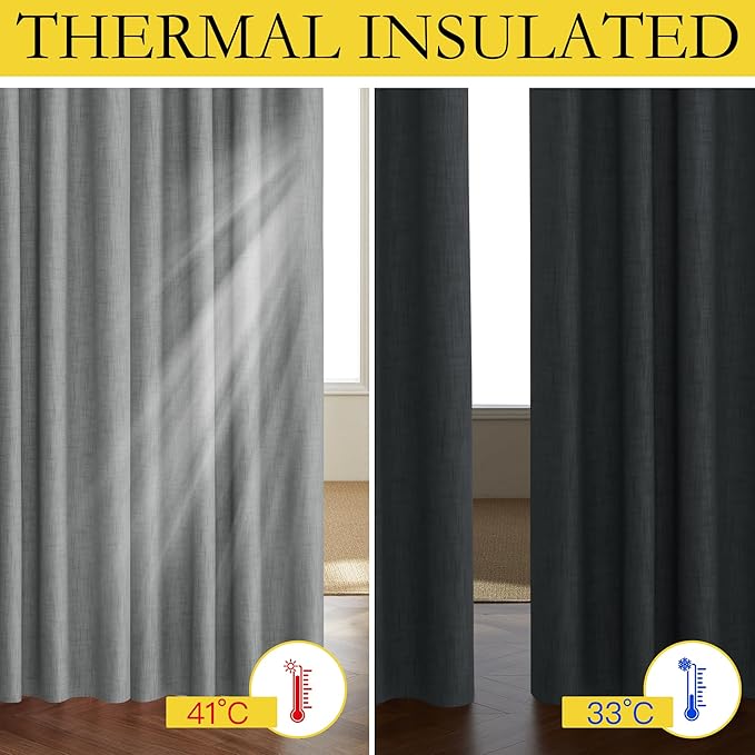 NICETOWN 100% Absolutely Blackout Linen Curtains with Thermal Insulated White Liner, Dove Grey, 52" W x 48" L, Set of 2, Burlap Textured Textured Linen Look Privacy Window Treatment for Kitchen