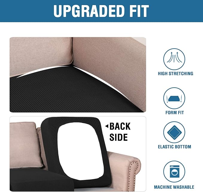 H.VERSAILTEX High Stretch Couch Cushion Covers,Chair Sofa Seat Slipcovers Couch Cushion Cover Stretch Furniture Protector for Kids, Pets(2 Packs Cushion Loveseat Covers, Black)