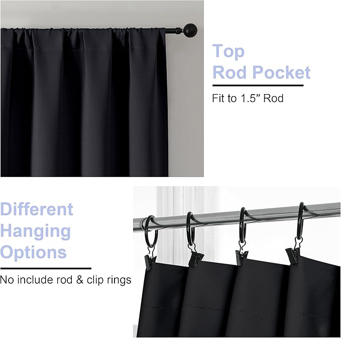 Simplebrand Ava Black Blackout Curtains for Patio 108 Inches Long 2 Panels Set, Solid Thermal Insulated Room Darkening Rod Pocket Window Treatment Curtains Blackout Drapes, W50 x L108 Inch, Black