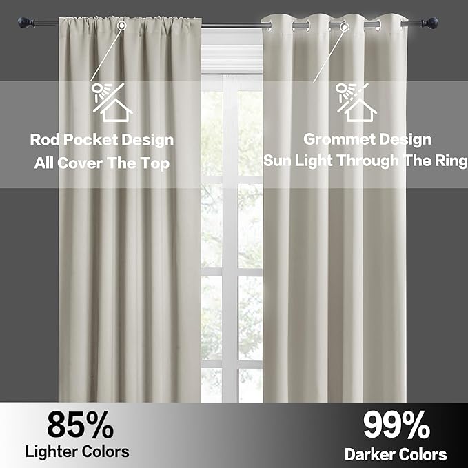 RYB HOME Short Curtains for Bedroom, Room Darkening Insulated Summer Heat Light UV Blocking Energy Saving Drapes for Nursery, Width 42 by Length 48, Natural, Set of 2