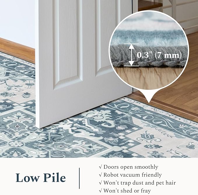 Rugflix 9x12 Area Rug for Living Room, Machine Washable Area Rugs with Non-Slip Backing, Large Soft Boho Vintage Rug for Bedroom, Dining Room, Low Pile Carpet, Kids Pet Friendly, Blue
