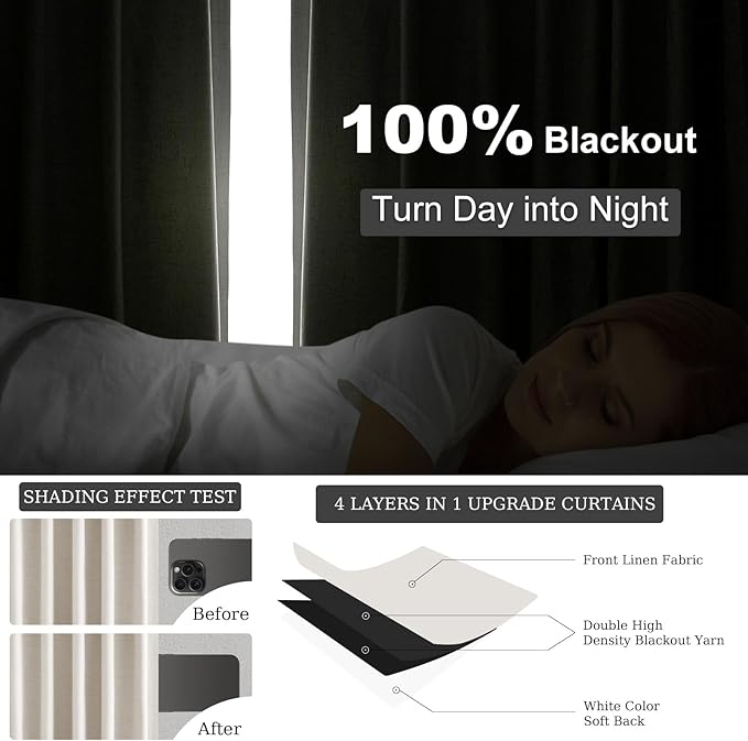 Blackout Curtains 70 Inch Length Wide Linen Black Out Curtain for Living Room Natural Birch Thick Linen Texture Thermal Sound Proof Noise Reducing Heavy Large Window Drapes (70"Wx102"Lx2Panels)