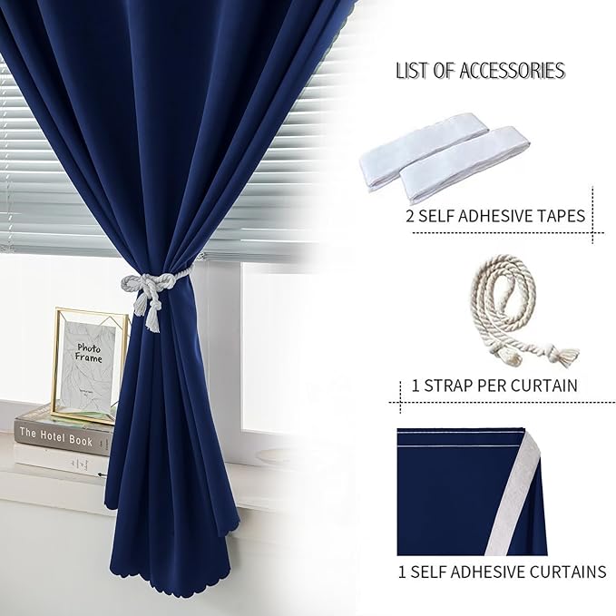 Self Adhesive Portable Blackout Curtains for Bedroom Easy to Install Window Thermal Lnsulated Kitchen Room Darkening Small Window Curtains, 47" W X 84" L, Navy Blue, 1 Panel