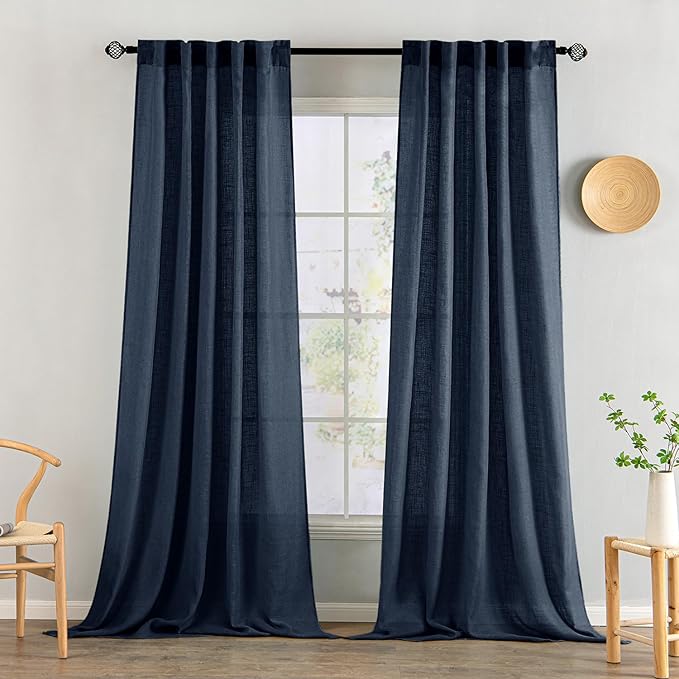 MIULEE Navy Blue Linen Curtains 108 Inch Length 2 Panels for Bedroom Living Room, Soft Thick Linen Textured Natural Window Drapes Semi Sheer Light Filtering Back Tab Rod Pocket Burlap Look Decor