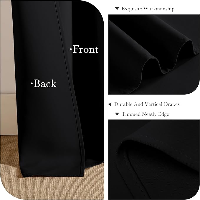 Pony Dance Blackout Curtains Thermal Insulated Window Treatment Panels Room Darkening Shade Drapes for Living Room Back Tab/Rod Pocket Bedroom Draperies, 55 x 68 Inch, Black, 2 Panels
