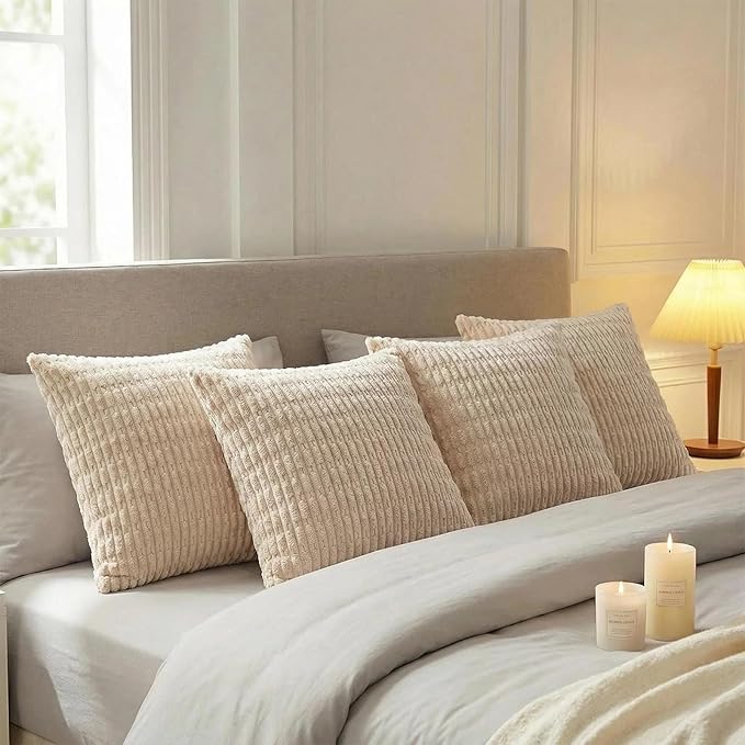 Fancy Homi 4 Packs Tan Decorative Throw Pillow Covers 18x18 Inch for Living Room Couch Bed Sofa, Beige Rustic Farmhouse Boho Home Decor, Soft Plush Striped Corduroy Square Cushion Case 45x45 cm