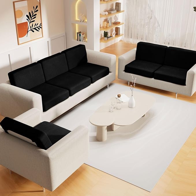 hyha Waterproof Couch Cushion Covers for Pets, Non Slip Sofa Seat Cover for Dogs Washable, Soft Thick Stretch Jacquard Fabric, Sofa Slipcovers with Elastic Bottom (2 Pieces, Black)