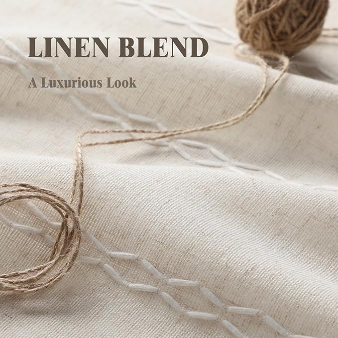 Boho 80% Blackout Curtains with Gray Liner 96 Inches Long 2 Panels Set, Beige Linen Blend Drapes with Tassels and Cotton Embroidered for Living Room Bedroom