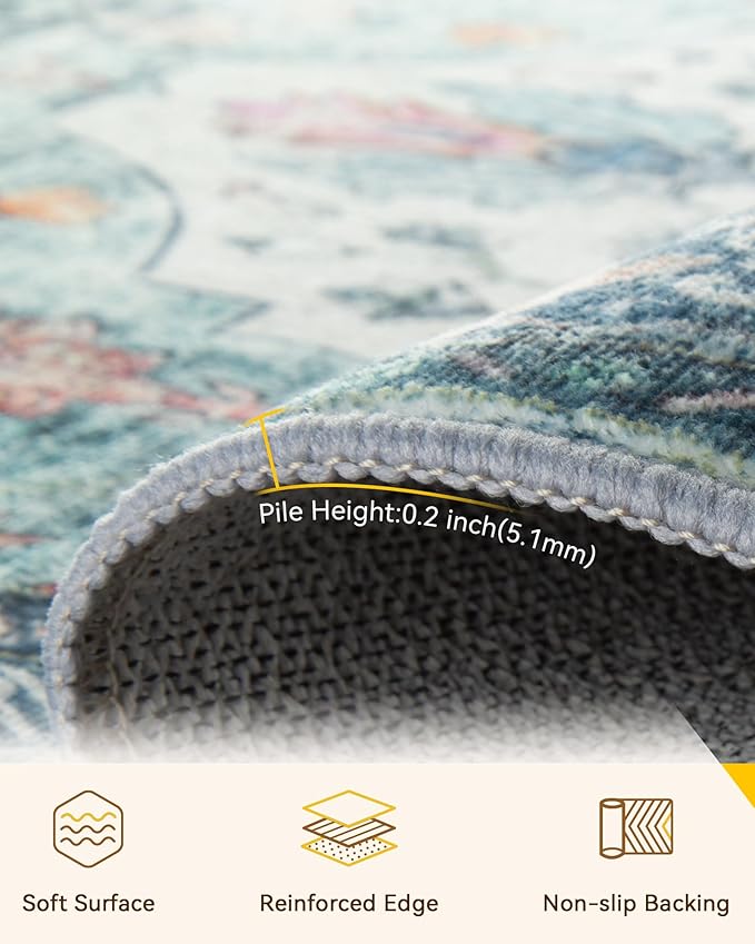 RELEANY Area Rugs 5'x8' Washable Non-Slip, Floral Vintage Distress Print Pattern Medallion Carpet for Living Room Bedroom Dining Room, Green Navy Blue White Red Teal Colorful