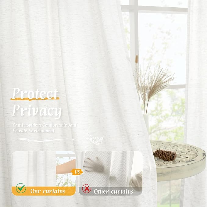 LAMIT Ivory White Linen Curtains 54 Inch Length, Faux Linen Textured Light Filtering Panels Rod Pocket Privacy Neutral Drapes for Window/Bedroom/Living Room, 2 Panels, 42 x 54 Inch