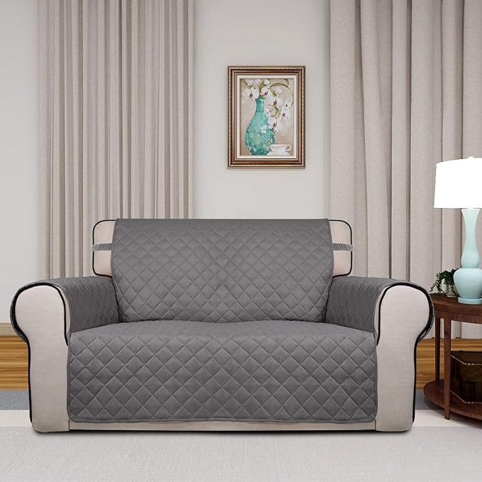 PureFit Reversible Quilted Sofa Cover, Water Resistant Medium Slipcover Furniture Protector, Washable Couch Cover with Non Slip Foam and Elastic Straps for Kids, Dogs, Pets (Loveseat, Gray/Light Gray)