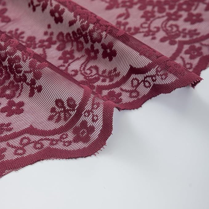 YJ YANJUN Vintage Lace Curtains 54 Inch Length-Victorian Floral Pattern Red Burgundy Short Sheer Curtain Panels for Kitchen Garage, Embroidery Light Filtering, Christmas Drapes 2 Panels 52W x 54L