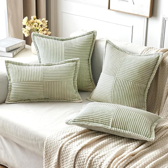 MIULEE Spring Decorative Throw Pillow Covers for Couch Bed Livingroom 18x18 Inch Set of 2 Light Green Boho Accent Throw Pllows Broadside Striped Patchwork Soft Corduroy Summer Pillowcases