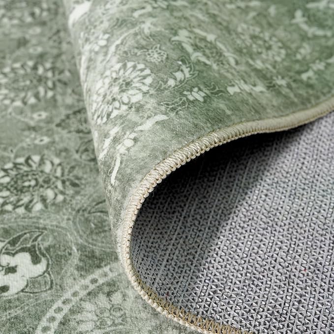 4x10 Washable Hallway Runner Rug - Wide Kitchen Runners Vintage Low Pile Carpet Soft Thin Floor Runner with Rubber Backing for Entryway Bedroom Living Room Home Decor (Muted Sage Green)
