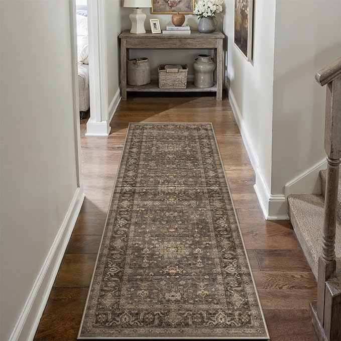 2x12 Washable Runner Rug for Hallway Kitchen Vintage Brown Non Slip Low Pile Carpet Traditional Retro Soft Throw Rug for Bathroom Bedroom Entryway Indoor Entrance