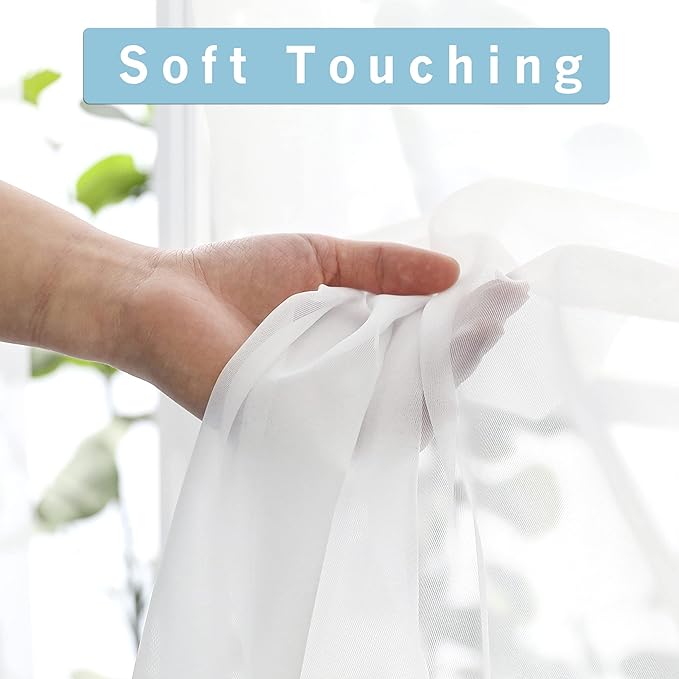 OWENIE Sheer White Curtains, Sheer Curtains 96 inches Long 2 Panels Set, Rod Pocket Voile Fimly Sheer Drapes for Living Room/Bedroom, 2pcs, Each 59" W x 96" L