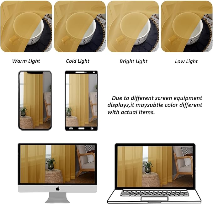 Chyhomenyc Gold Sheer Curtains 96 Inches Long 2 Panels, Light Filtering Gold Curtains for Living Room, Soft Gentle Voile Rod Pocket Bedroom Window Drapes, 59Wx96L Inch, 2PCS