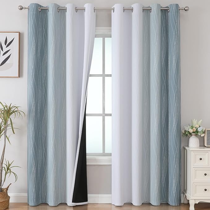 Estelar Textiler Stone Blue and Greyish White Blackout Curtains 96 Inches Long,Full Room Darkening Grommet Curtains for Bedroom,Thermal Insulated Ombre Blackout Drapes for Living Room,52Wx96L,2 Panels