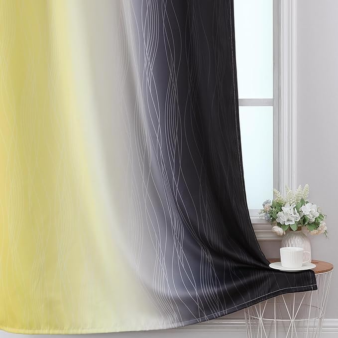 Estelar Textiler Black and Yellow Ombre Blackout Curtains 45 Inches Long, Full Room Darkening Gradient Drapes for Kitchen, Thermal Insulated Grommet Curtains for Short Window,52Wx45L,2 Panels