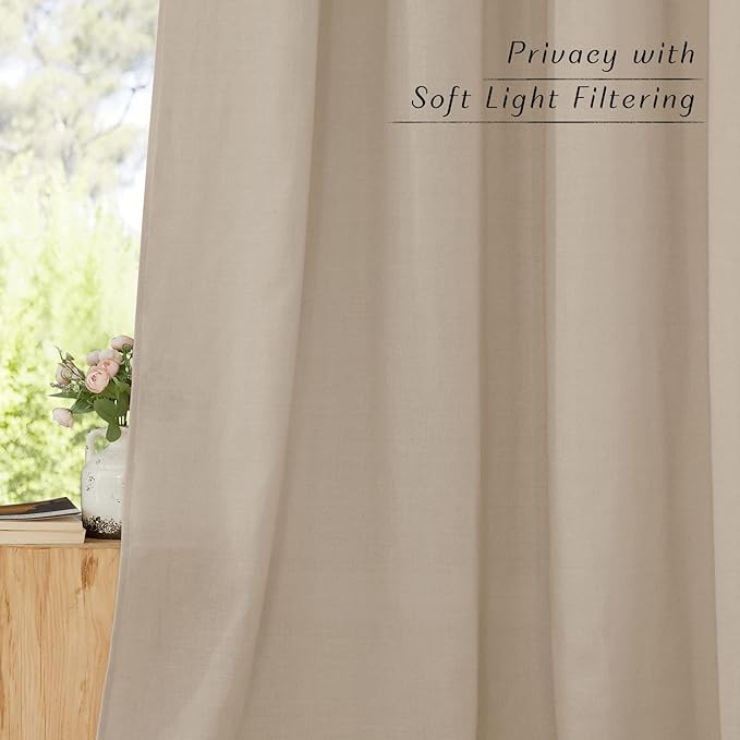 NICETOWN Flax Taupe Linen Curtains for Room Divider, Grommet Top Thick Flax Semi Sheer Vertical Drapes Privacy Assured with Light Filtering for Sliding Glass Door, W68 x L84, 2 Pieces