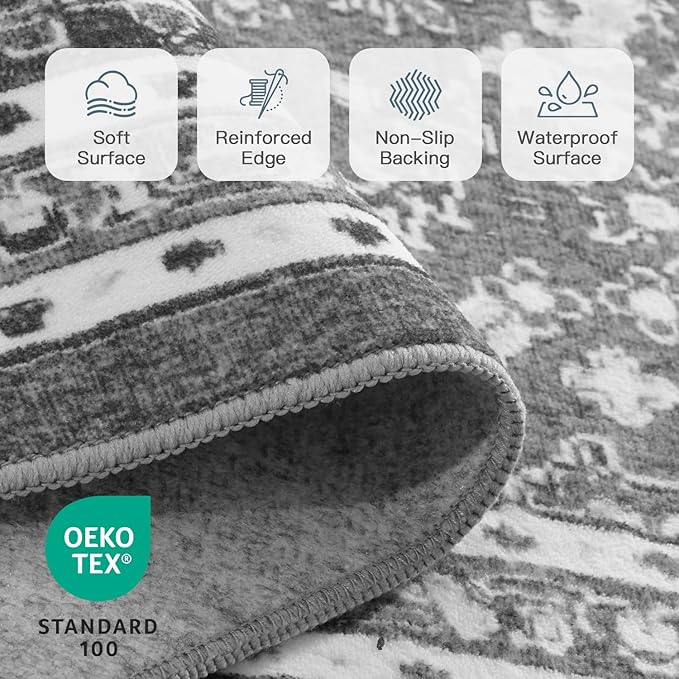 Lofus 5x7 Area Rugs for Living Room, Machine Washable Non-Slip Area Rug, Low Pile Large Rugs for Bedroom, Kitchen, Dining Room, Home Office, Vintage Oriental Print Rug, Light Grey with White