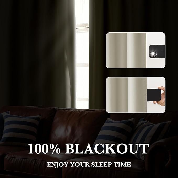 RYB HOME Bedroom Blackout Curtains 72 inches Long, 100% Blackout Thermal Insulated Noise Reducing Curtains for Living Room Nursury, 34 inches Wide by 72 inches Long, Natural