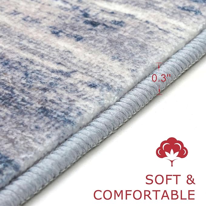 KOZYFLY Modern Abstract Rugs for Entryway 2x3, Washable Kitchen Rug Non-Slip Soft Small Area Rug, Grey-Blue Striped Throw Rugs Faux Wool Doormat for Bedside Entrance Bathroom Sink