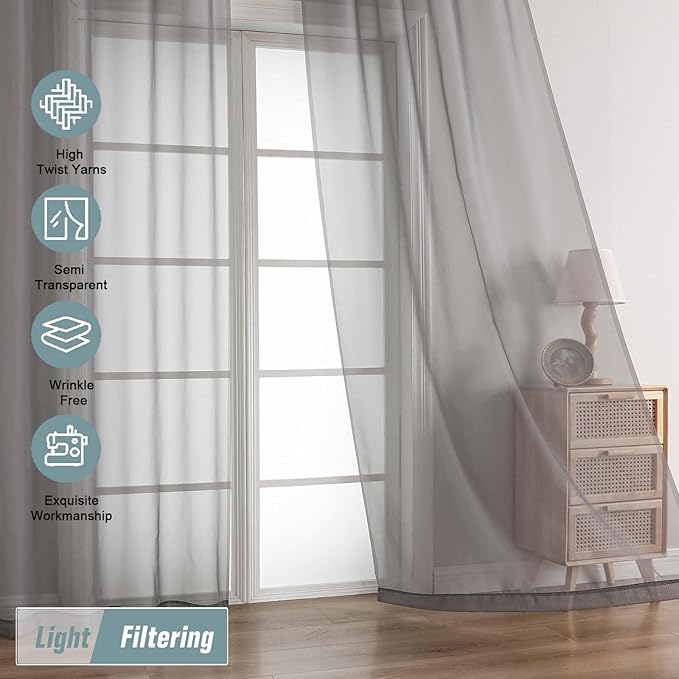 Grey Sheer Curtains 63 Inch Length 2 Panels, Voile Sheer Curtain for Living Room, Breathable Light Filtering Modern Window Treatments, Soft Fabric Dual Rod Pocket Drapes, 2x42Wx63L Inches