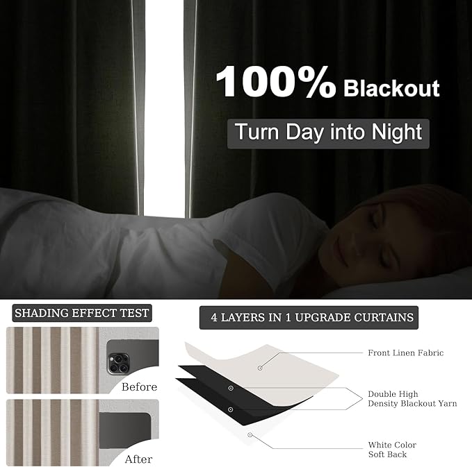 Topfinel 90 Inch Long Linen Curtains 2 Panel Set, Modern Farmhouse Black Out Rustic Curtains for Living Room, Room Darkening Tab Top Noise Reduction Textured Drape Hook&Ring Included