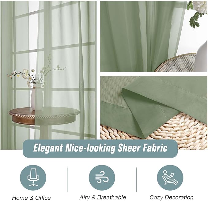 Sage Green Window Sheer Curtains 54 inch Length, Soft Airy Light Filtering Sheer Curtain 2 Panels Set, Dual Rod Pocket Gauze Drapes for Living Room Bedroom, 2x42Wx54L Inches