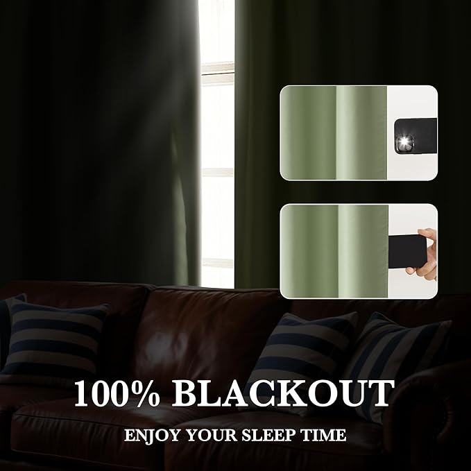 RYB HOME Bedroom Blackout Curtains 72 inches Long, 100% Blackout Thermal Insulated Noise Reducing Curtains for Living Room Nursury, 34 inches Wide by 72 inches Long, Sage Green