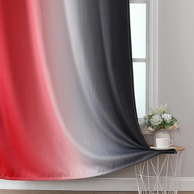 Estelar Textiler Ombre Red and Black Curtains 45 Inch Length 2 Panels, 100% Blackout Curtains for Living Room, Grommet Thermal Insulated Drapes, Full Light Blocking Curtains for Bedroom, 42x45 Inch