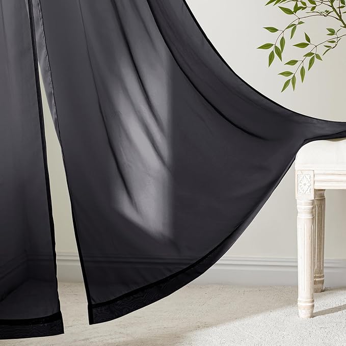 MIULEE Black Sheer Curtains 90 Inches Long, 4 Panels Set, Light Filtering Halloween Rod Pocket Voile Drapes for Living Room and Bedroom, Airy Soft Fabric Window Treatments, 42 x 90 Inches