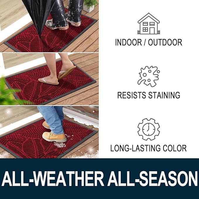 Colorxy Waterproof Doormat, Sturdy Natural Rubber Front Indoor Mat, Non Slip Low Profile Indoor Outdoor Door Mats, Stain and Fade Resistant Floor Mats, Easy Clean Patio Entry Mat, 48''x32'', Burgundy