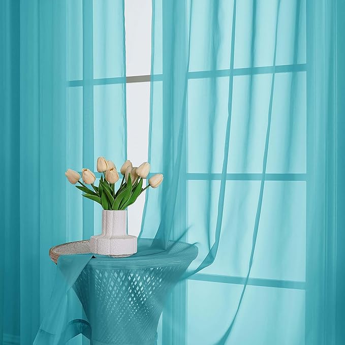 OWENIE Turquoise Sheer Curtains 120 Inches Long 2 Panels Set, Airy Lightweight Sheer Turquoise Curtain for Living Room Bedroom, Farmhouse Voile Filmy Rod Pocket Curtains Drapes, 2 Pcs, Each 59"Wx120"L